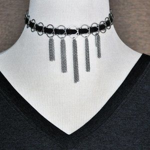 Ettika Antique Silver and Black Vegan Leather Dangling Chain Choker Necklace